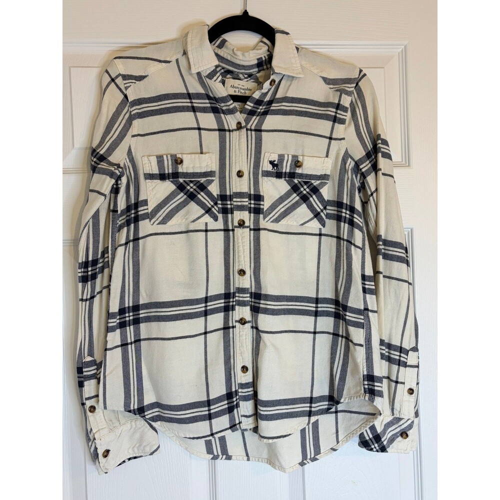 Abercrombie & Fitch Cream & Navy Plaid Flannel Size XS Button Up Long Sleeve